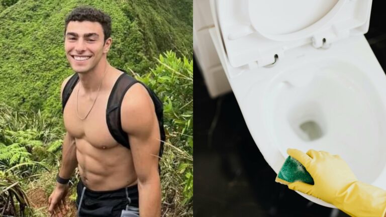 Luigi Mangione topless on the left and a toilet on the right