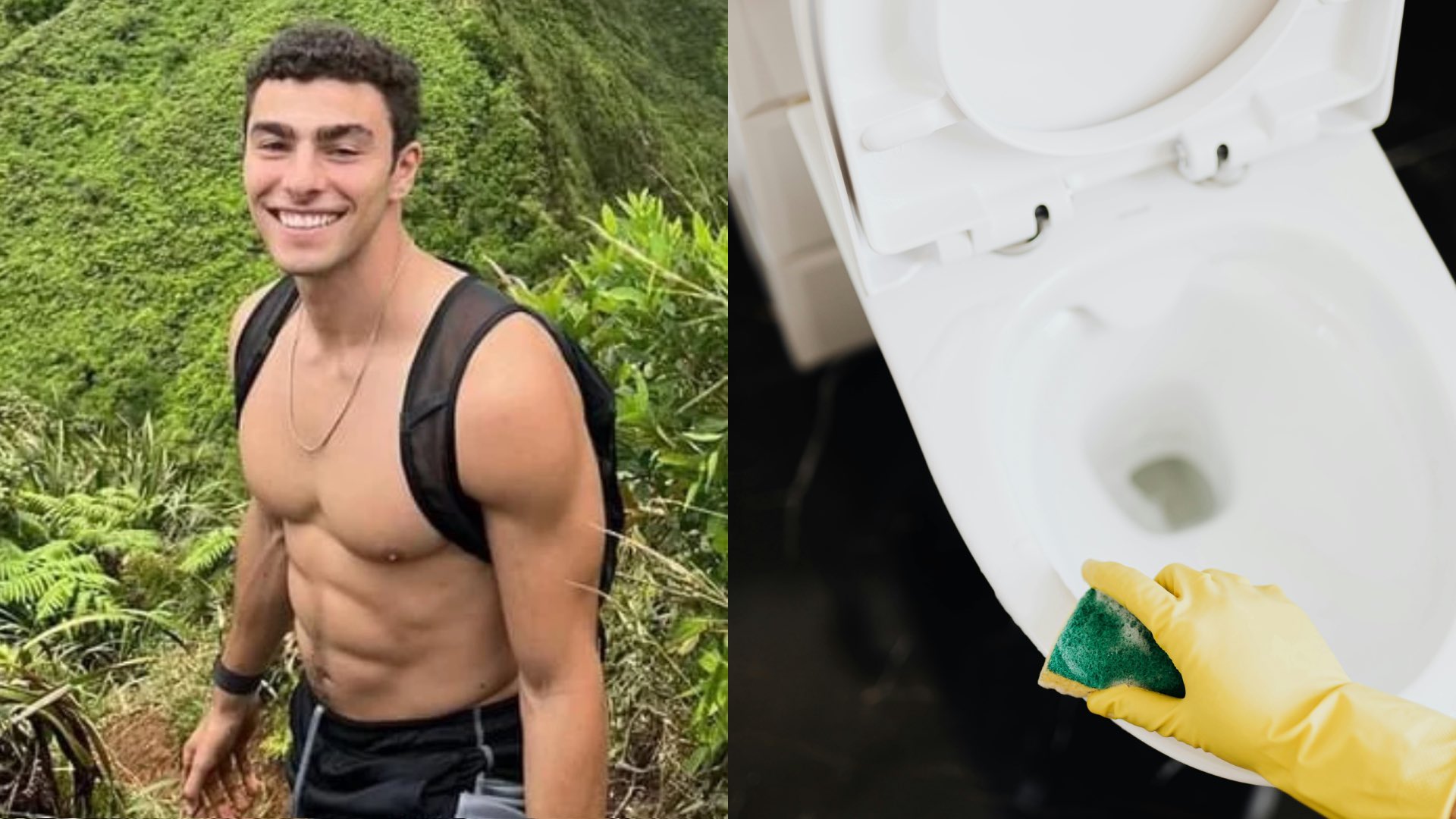 Luigi Mangione topless on the left and a toilet on the right