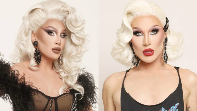 The Vivienne on the left in a black feathered dress and in a black tank top on the right