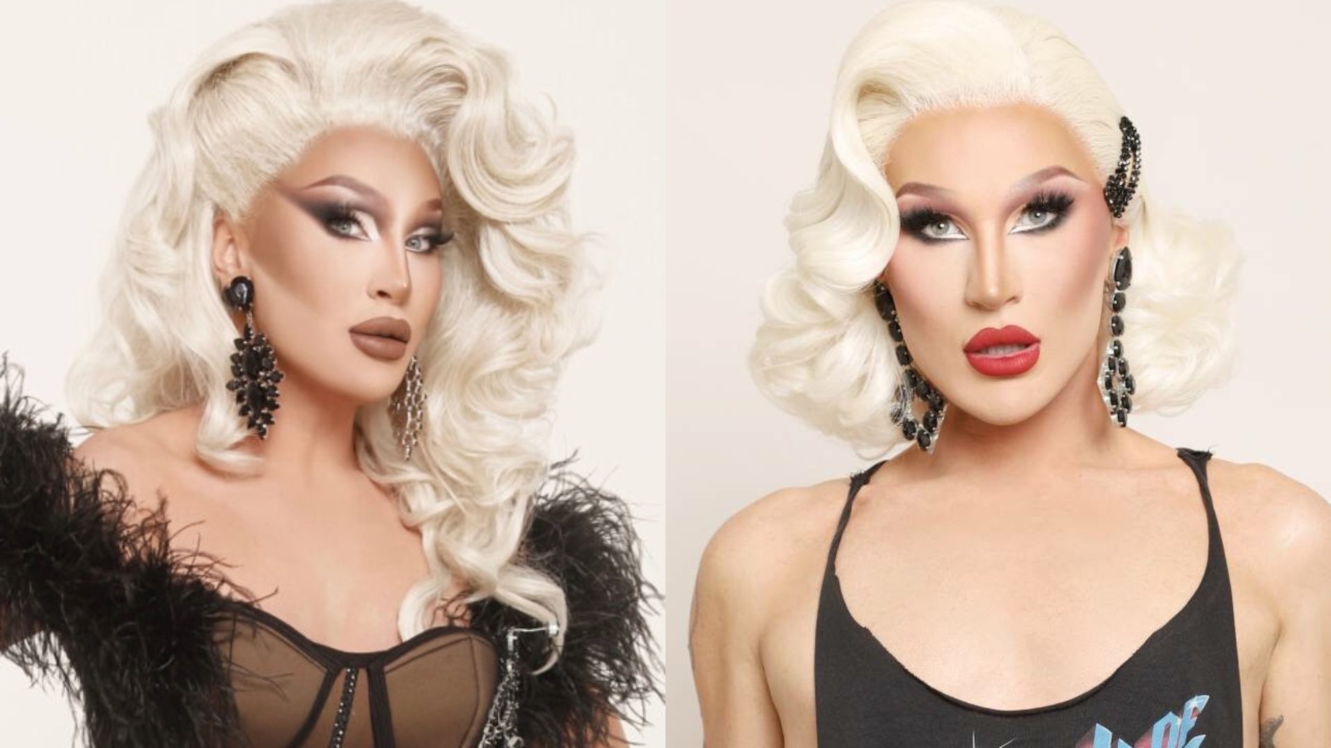 The Vivienne on the left in a black feathered dress and in a black tank top on the right