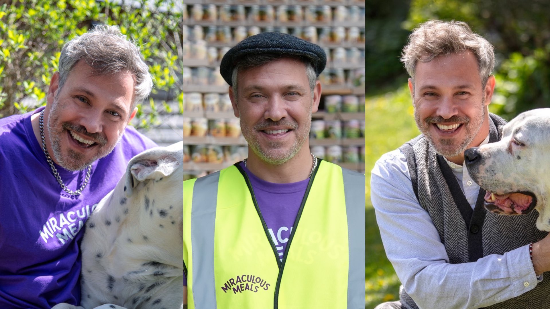Will Young in a purple top on the left, a high-vis jacket in the middle and a grey jumper with his dog on the right