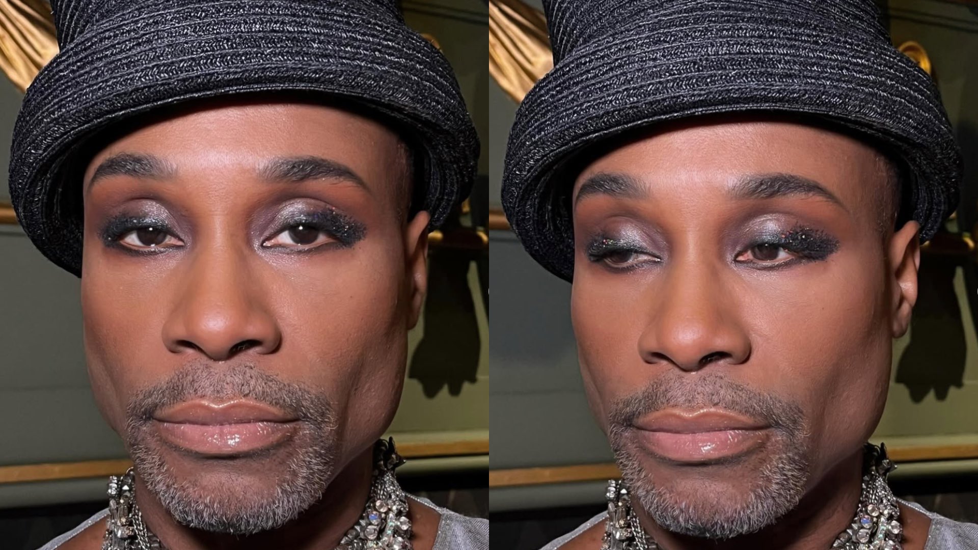 Billy Porter wearing a hat with glittery silver eye makeup