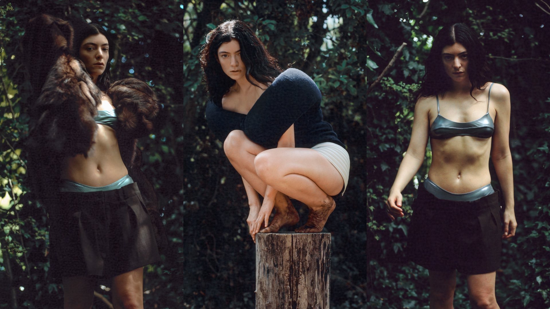 Lorde posing in three different outfits in the woods