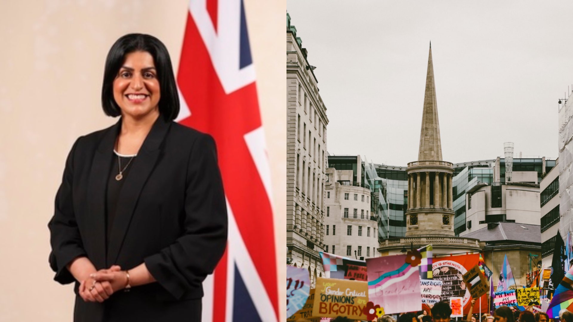 Shabana Mahmood on the left and trans pride on the right