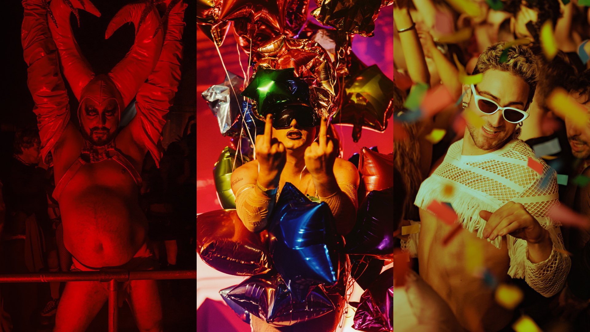 On the left a man dressed as the devil in lated costume, in the middle of someone leaning through a cloud of balloons and on the right a guy dancing in a crowd.