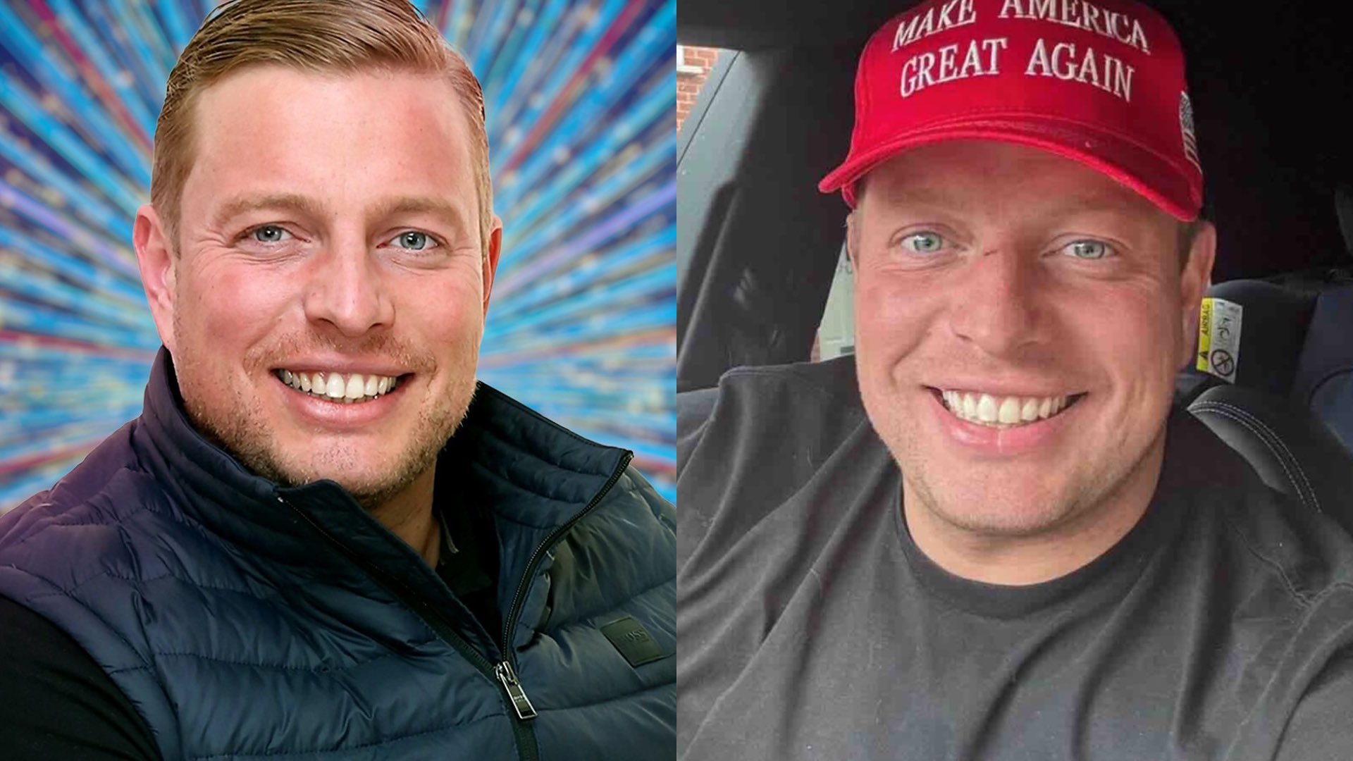 Thomas Skinner's Strictly Come Dancing press shot on the left and him in a Make America Great Again hat on the right