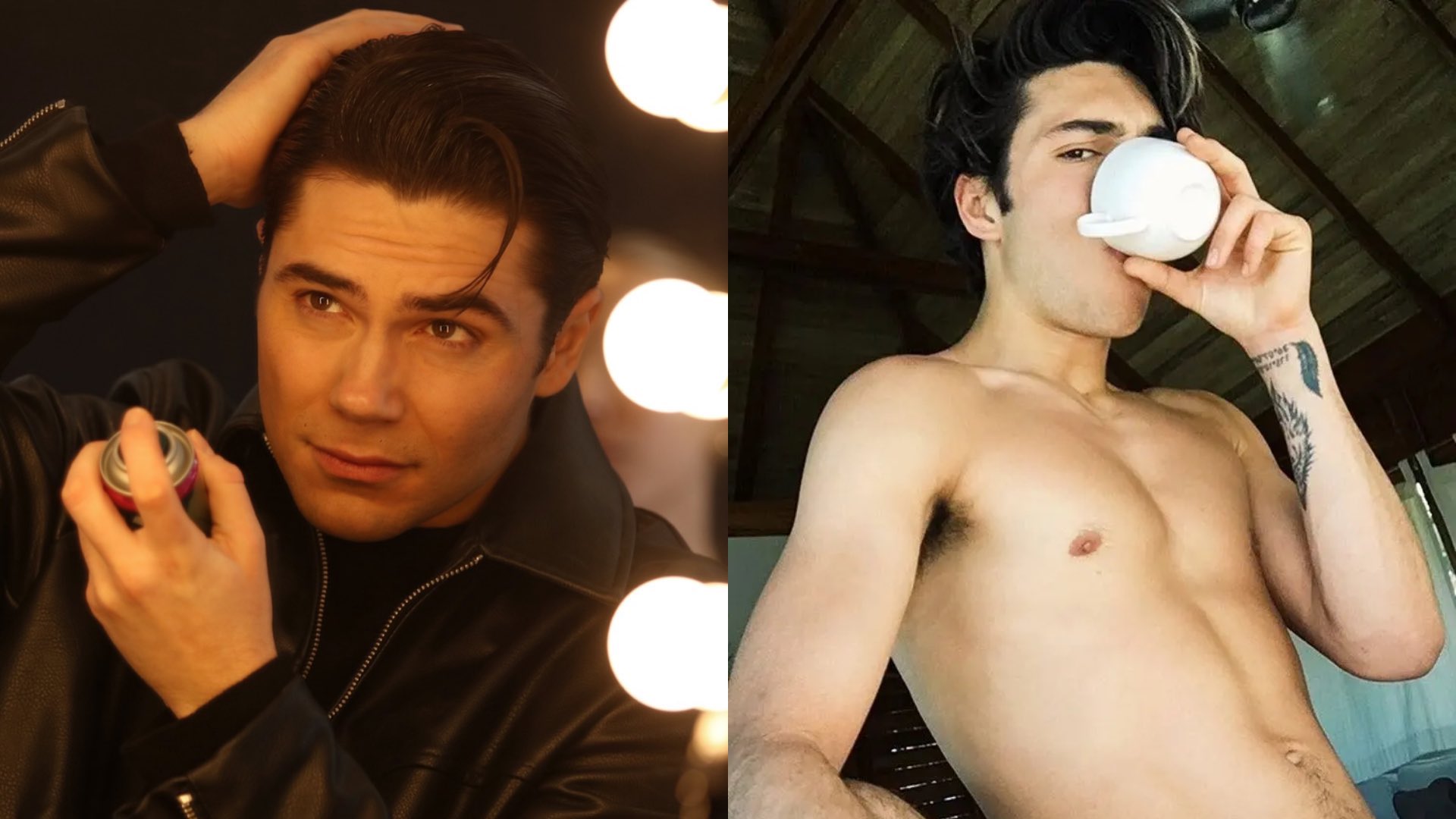 George Shelley posing in a mirror styling his hair on the left and shirtless on the right