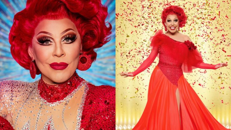 La Voix Strictly Come Dancing headshot on the left and on the right in a red dress with confetti falling on her