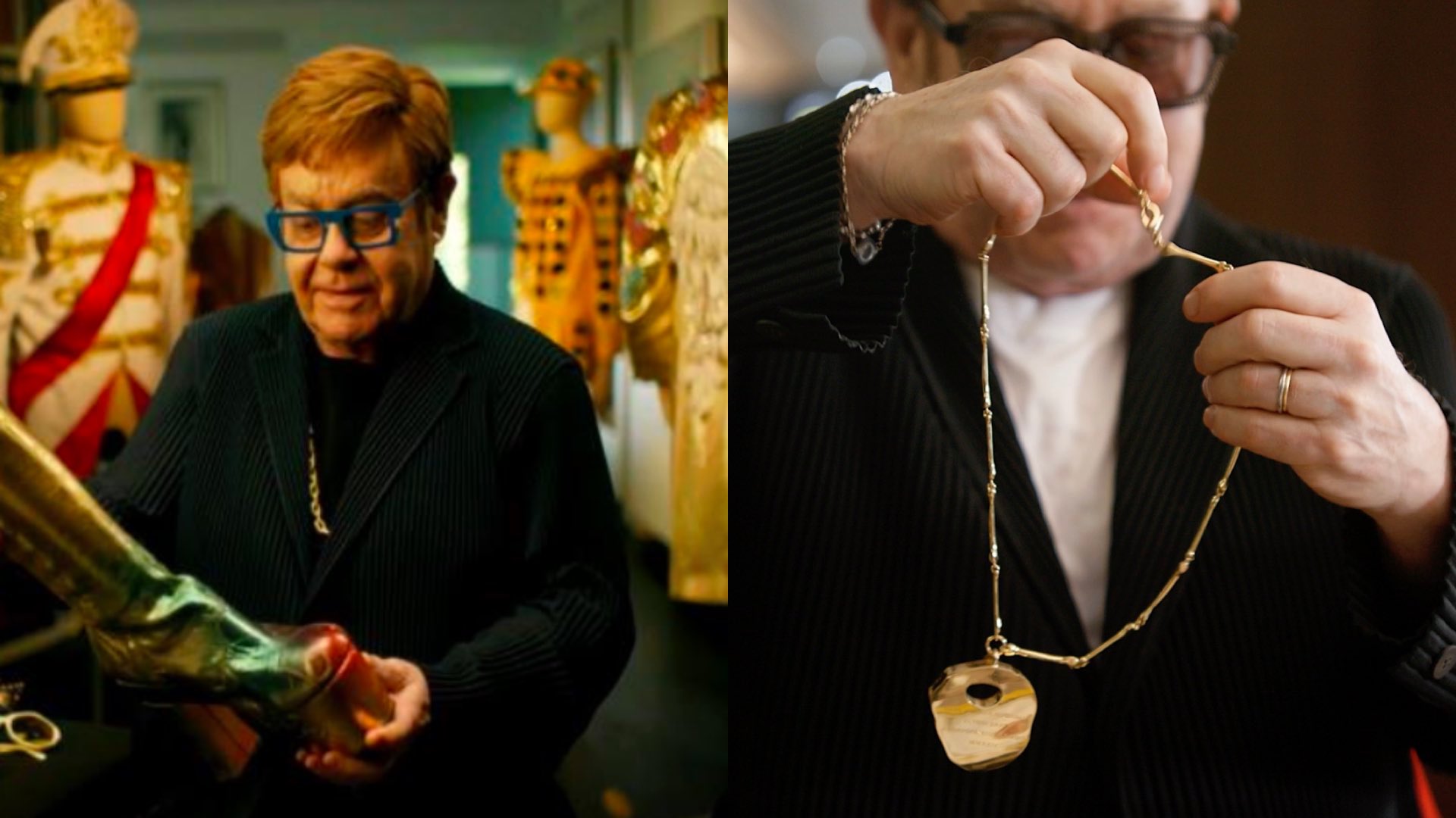 Elton John surrounded by gold costumes and holding his kneecap