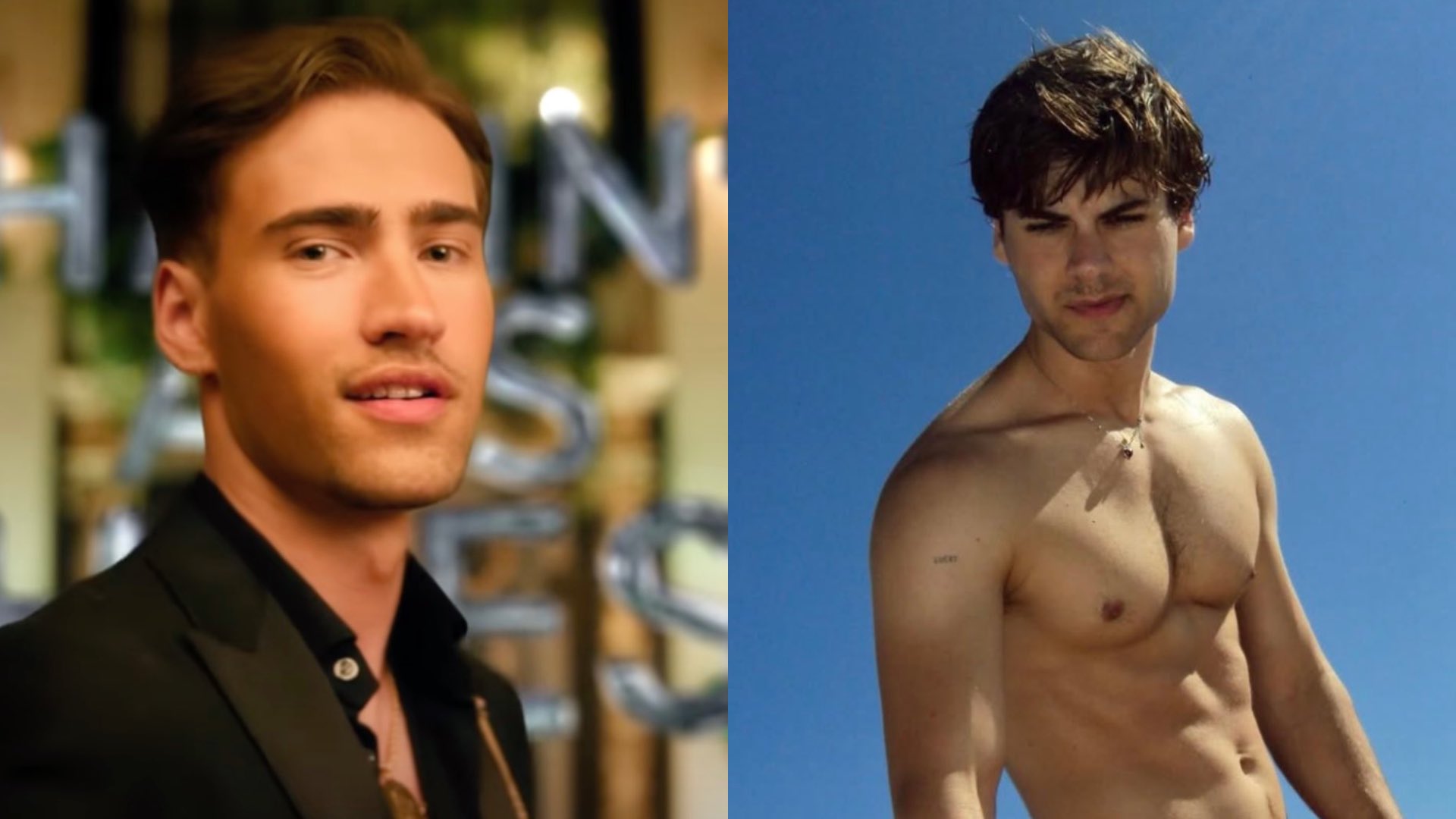 Harrison Cone on the left in a suit and Christian Weissmann topless on the right