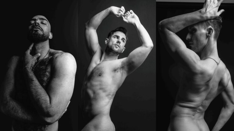 Toppless men posing