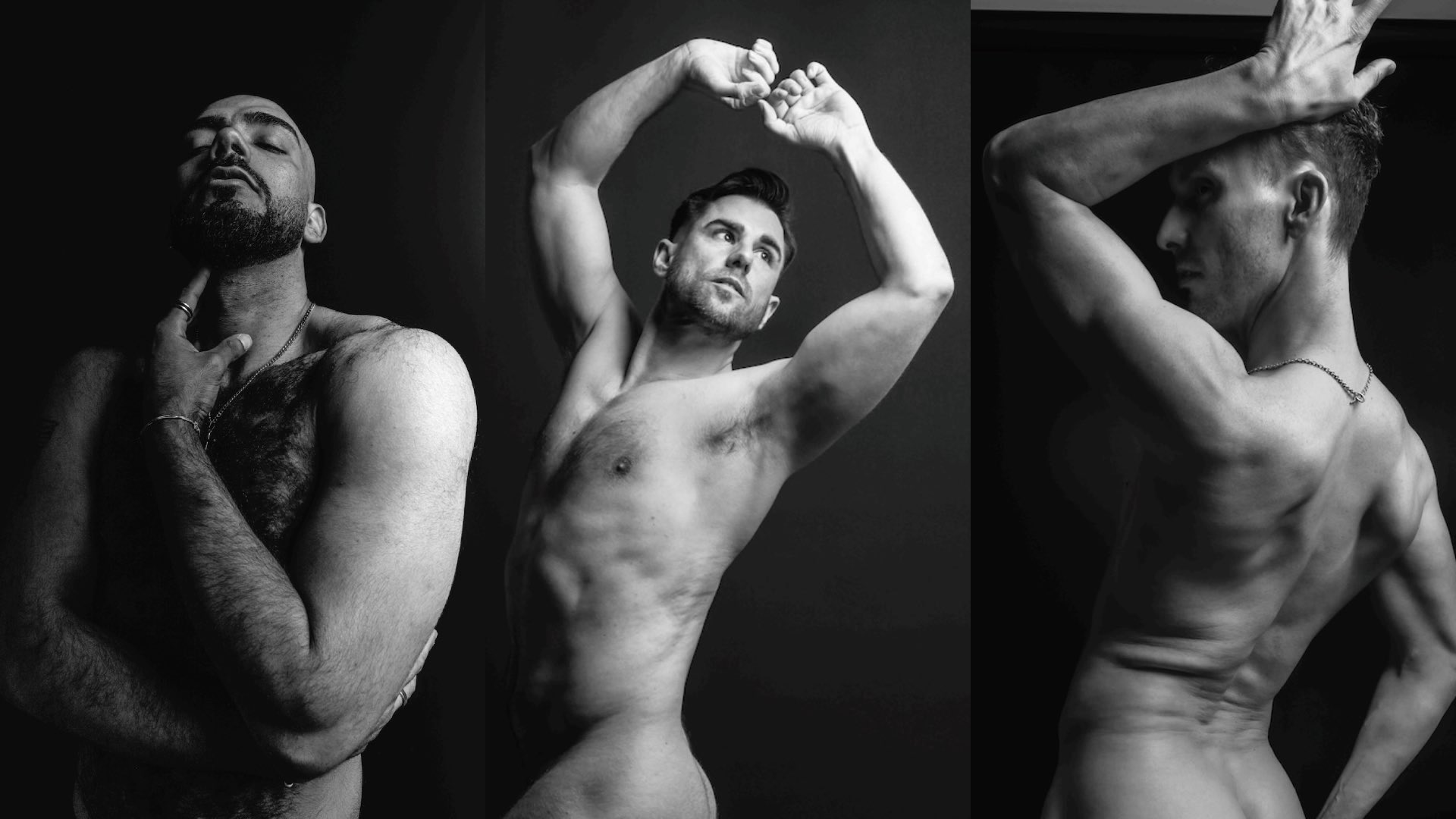 Toppless men posing