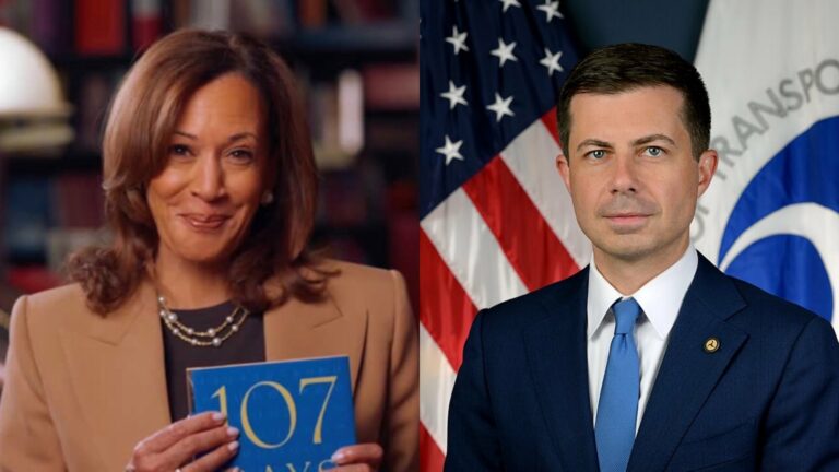 Kamala Harris holding her memoir and Pete Buttigieg in-front of the US flag