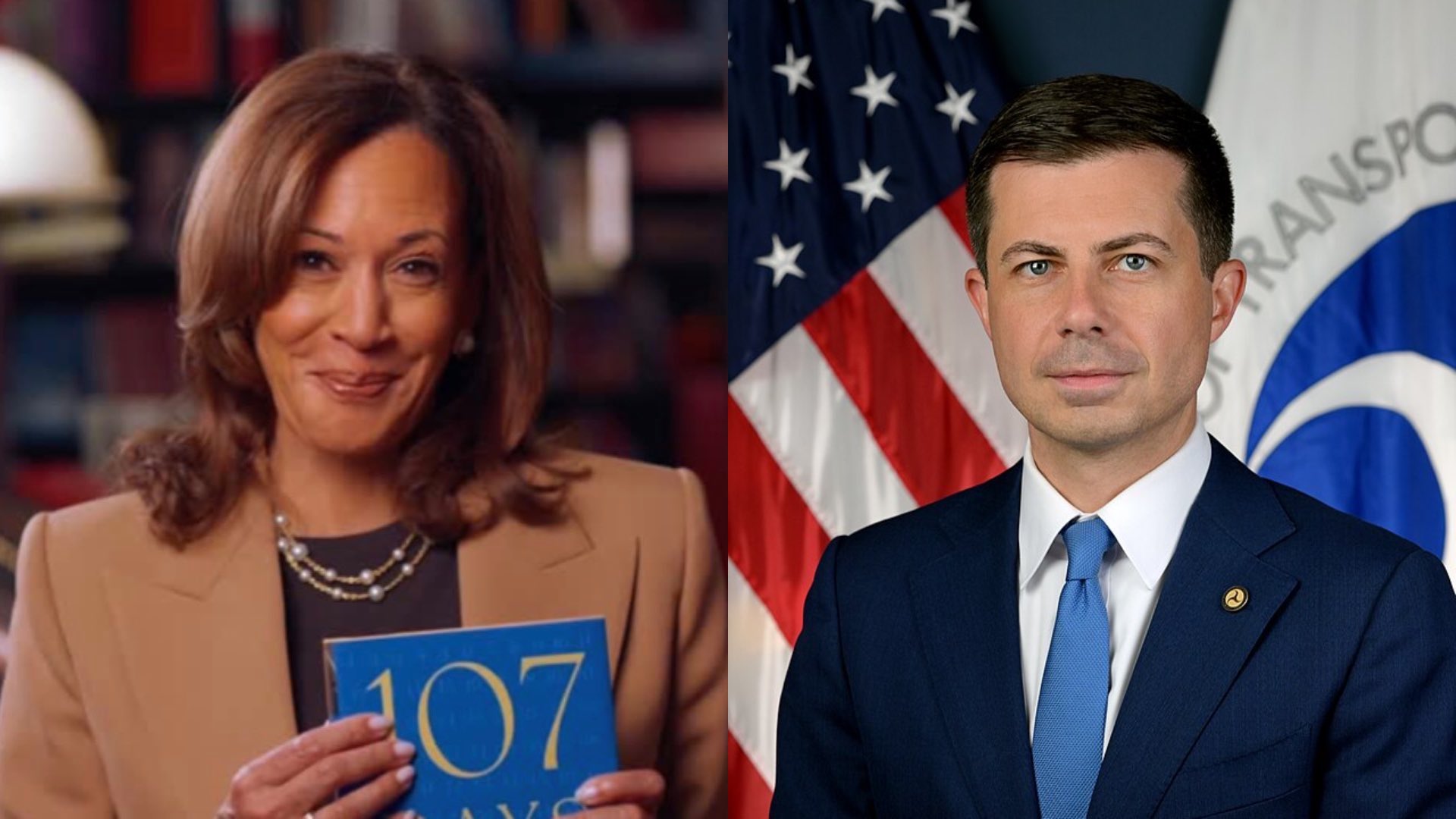 Kamala Harris holding her memoir and Pete Buttigieg in-front of the US flag