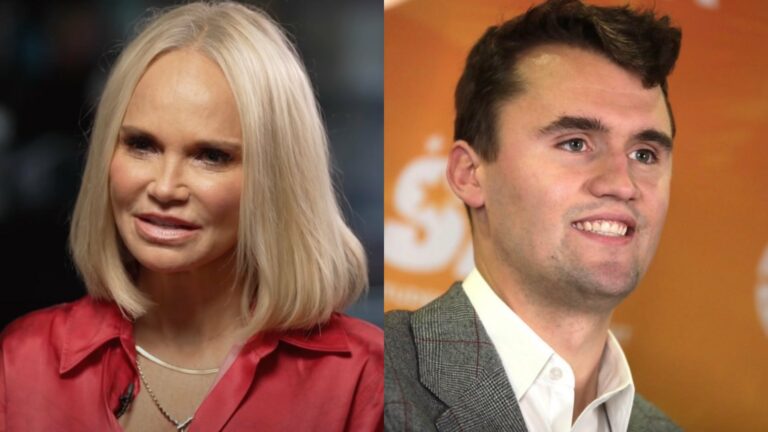Kristin Chenoweth on the left in pink and Charlie Kirk on the right in grey