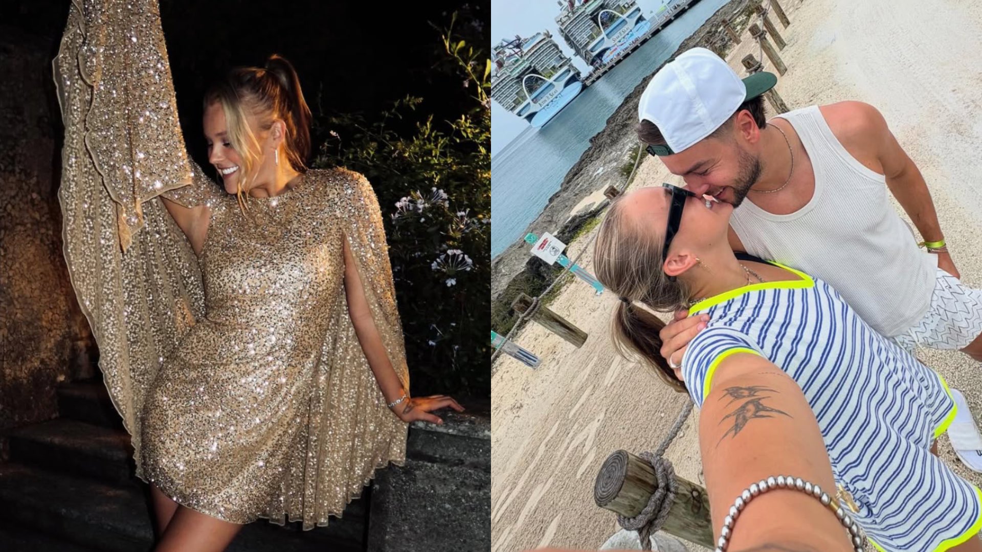 JoJo Siwa in gold sparkly dress on the left and kissing Chris Hughes on the right