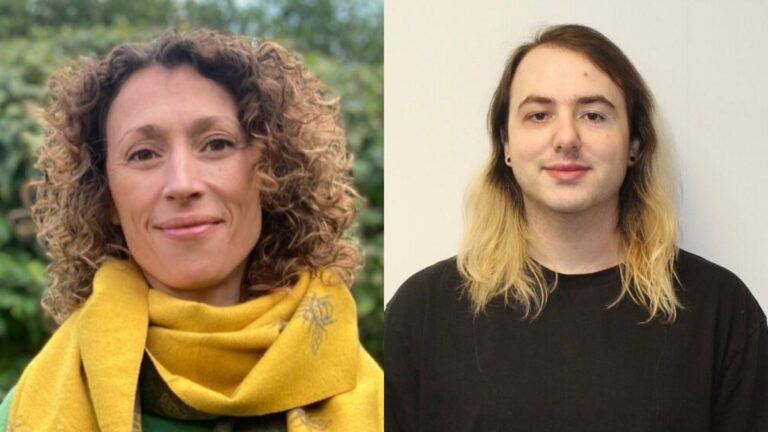 Dr Zoe Hollowood in a yellow scarf and Lucas North in a black t-shirt