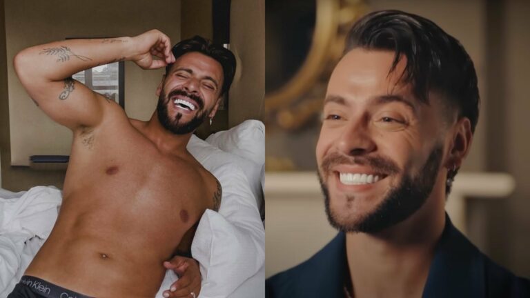 Davide Anica topless on the left and smiling on the right