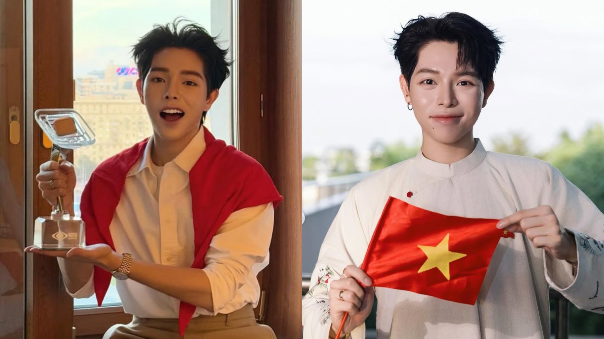 Duc Phuc holding the Intervision Song Contest trophy on the left and holding the Vietnam flag on the right