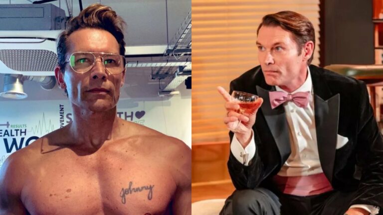 John Partridge topless on the left and in a suit on the right