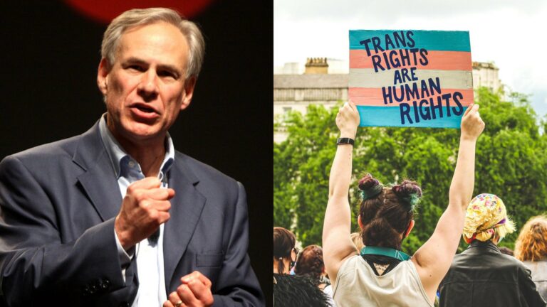 Greg Abbott on the left and trans rights sign on the right