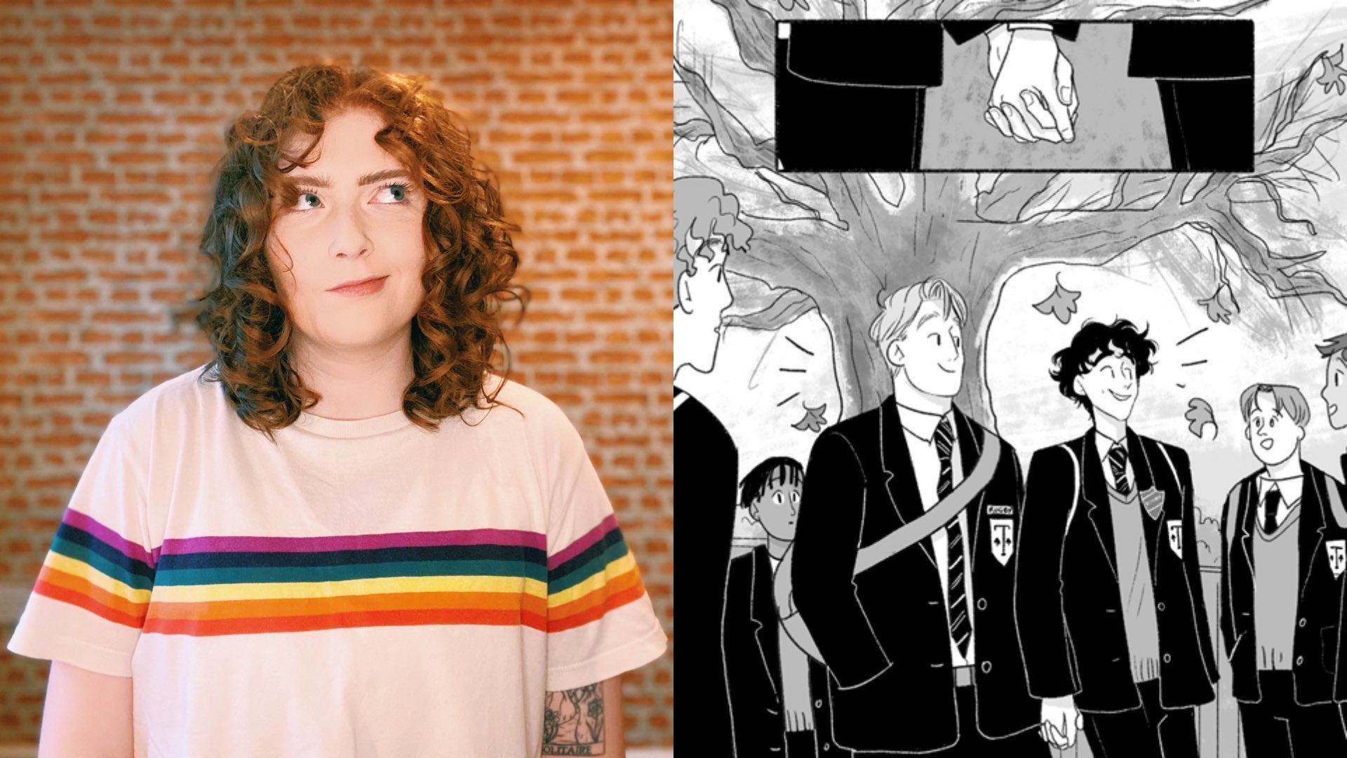 Alice Oseman on the left wearing a rainbow t-shirt with volume 6 on the right