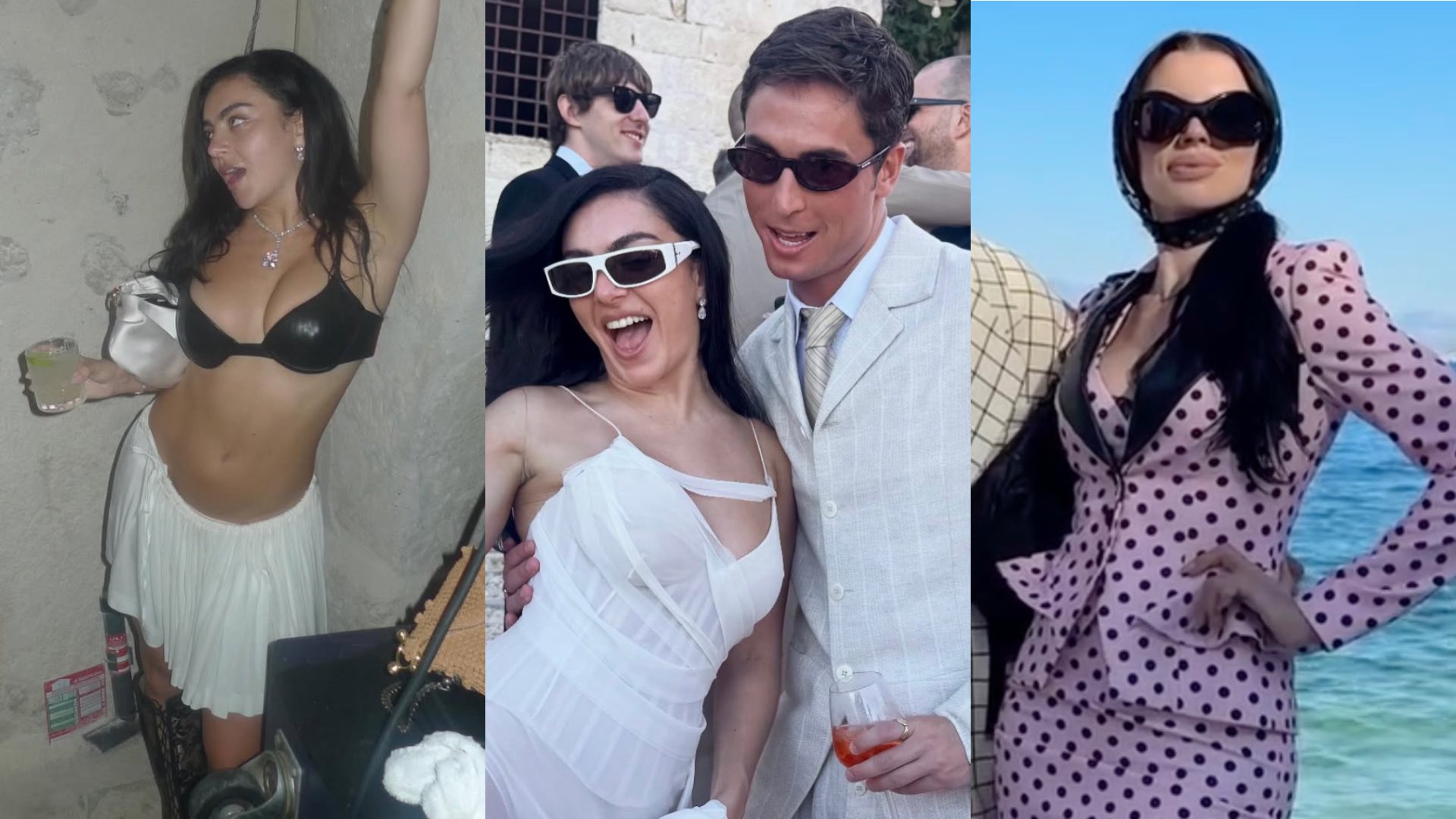 Charli XCX partying on the left, in the middle Bennito Skinner and Charli wearing white and on the right Julia Fox wearing black and pink dotted dress