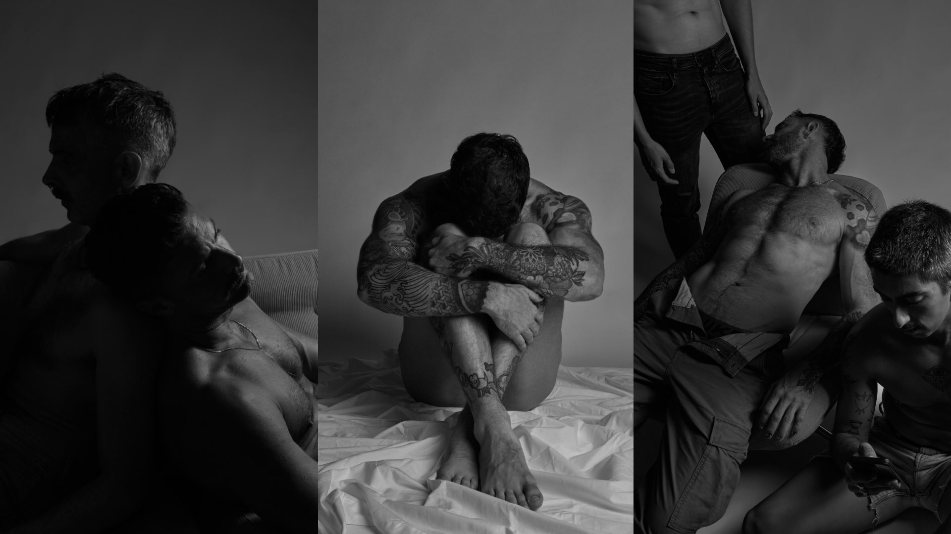 Naked men in vulnerable positions in black and white