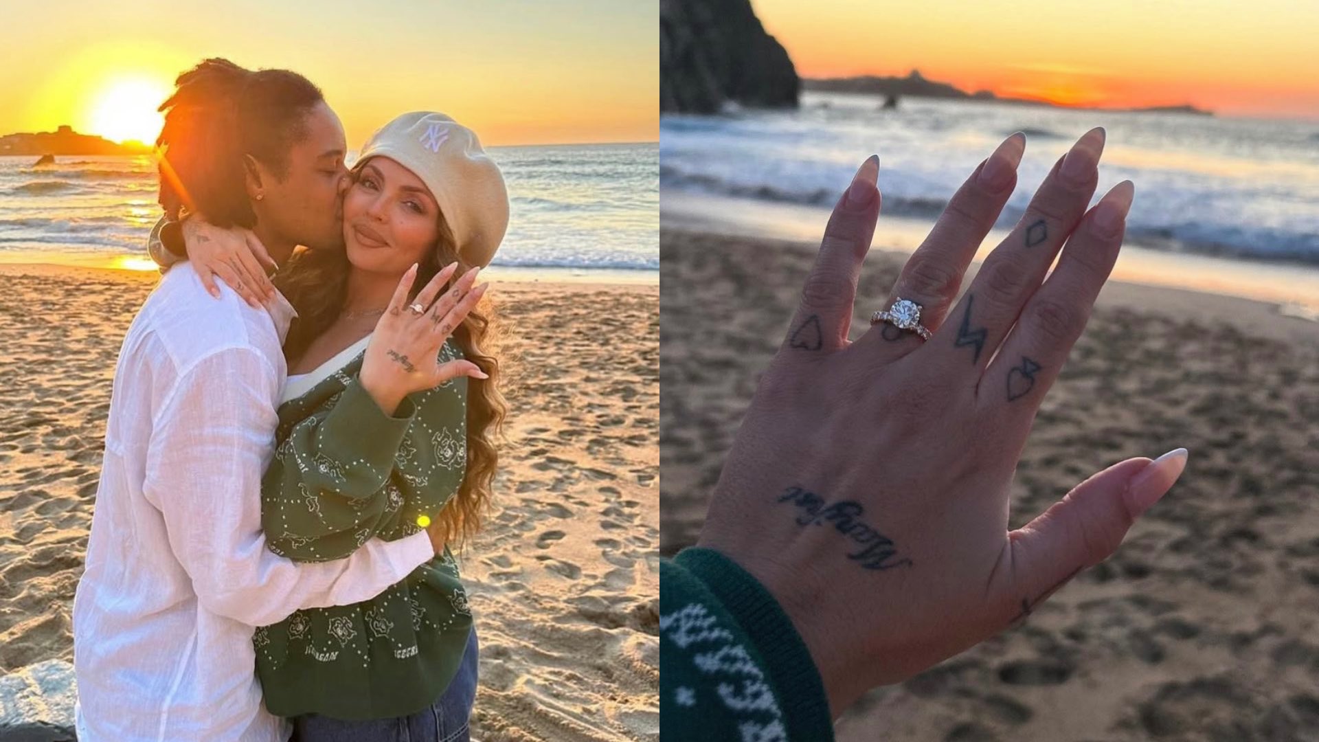 Jesy Nelson with fiancé Zion Foster showing off her engagement ring on a beach