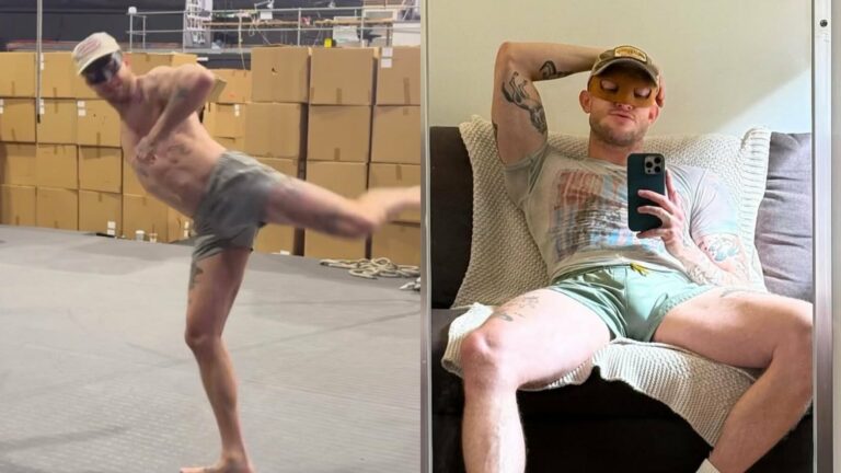 Orville Peck shirtless throwing his leg in the air on the left, and him sitting in the mirror with his legs apart on the right