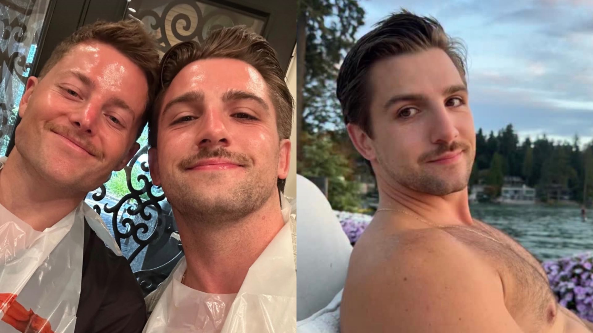 Sawyer Hemsley and Antonio Bruno taking a selfie on the left and Bruno shirtless on the right