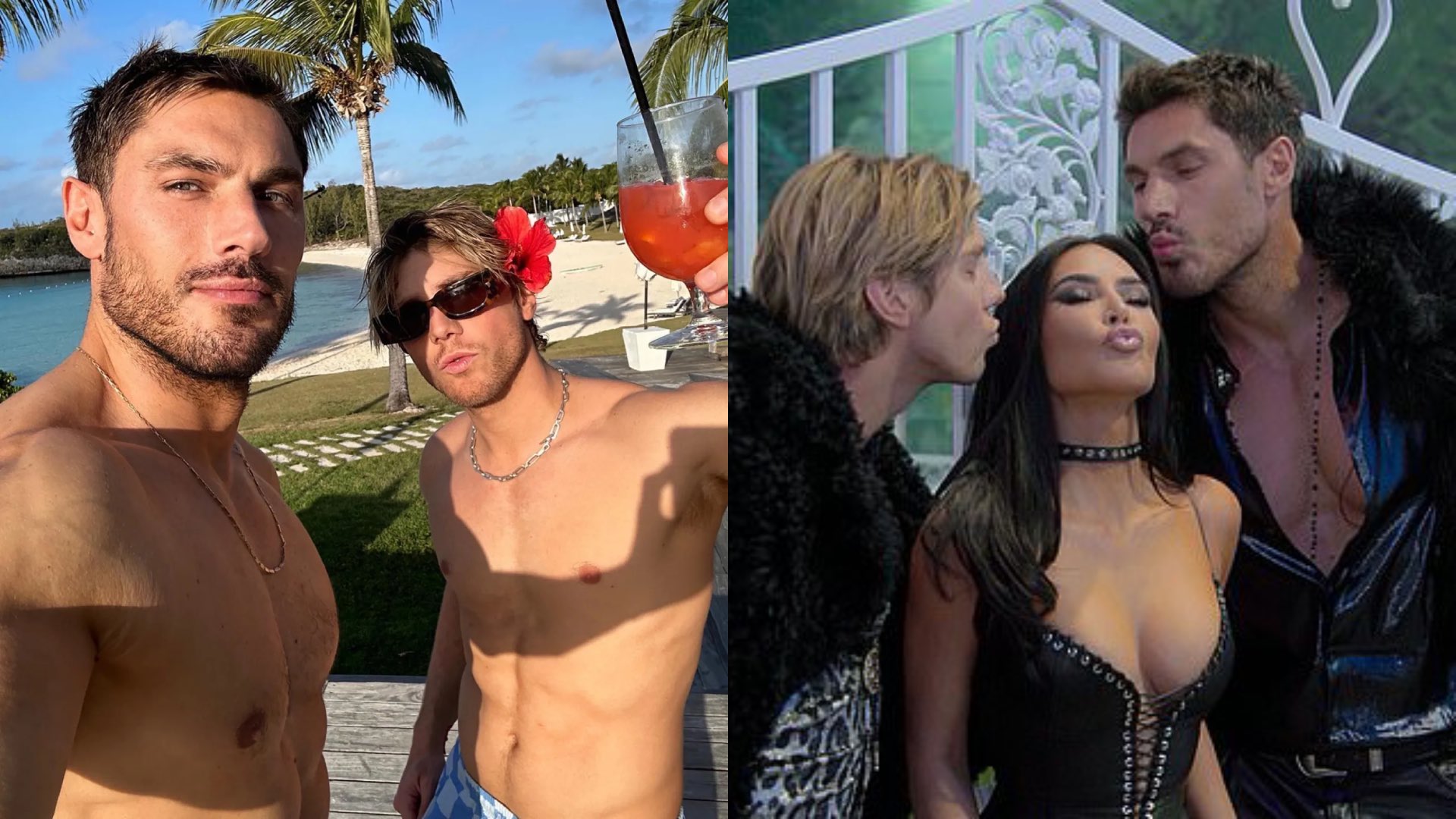 Lukas Gage and Chris Appleton shirtless on the left and getting married with Kim Kardashian on the right