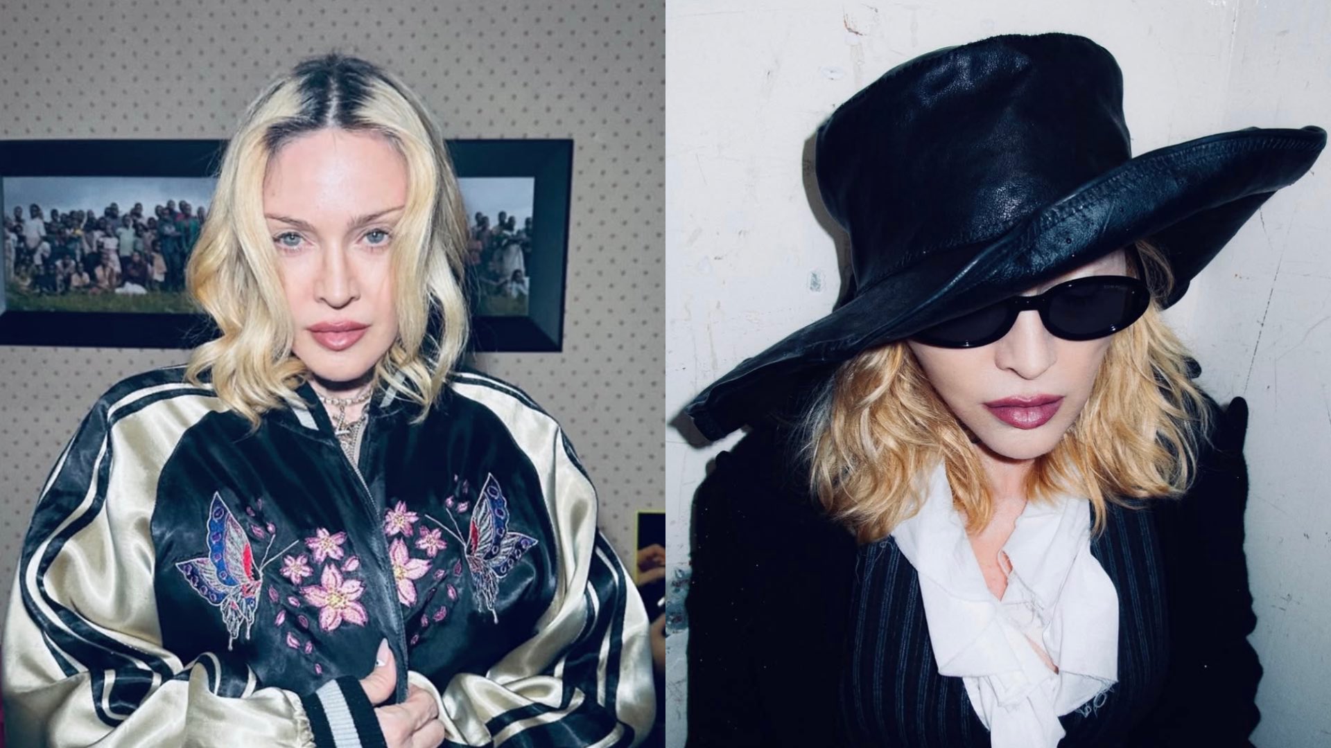 Madonna on left in colourful jacket and on right wearing black hat and sunglasses