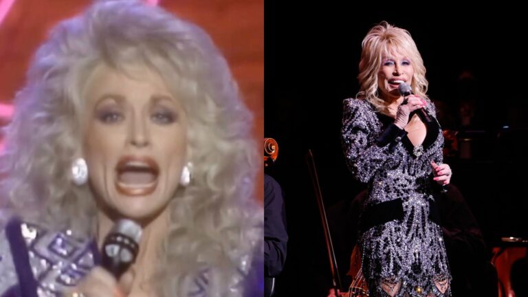 Dolly Parton singing whilst she was younger on the right and her singing in a silver gown on the right