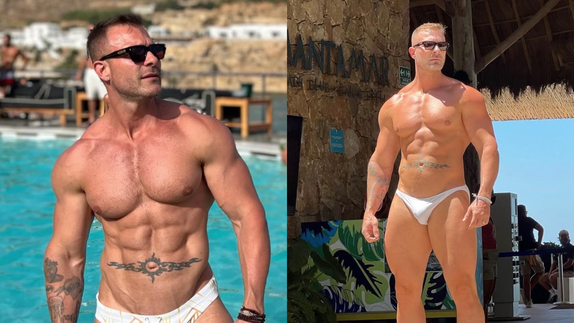 Austin Wolf posing poolside wearing a tight pair of swimming briefs
