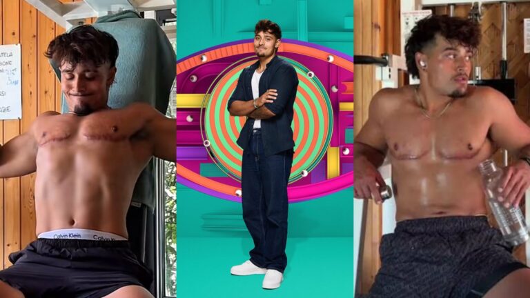 Zelah Big Brother topless working out on the left, Big Brother shot in the middle and him topless and sweaty on the right
