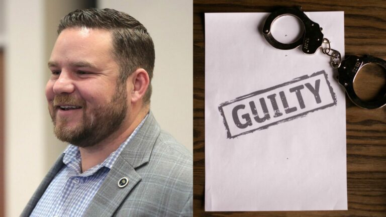 RJ May in grey suit on the left and a guilty sign on the right