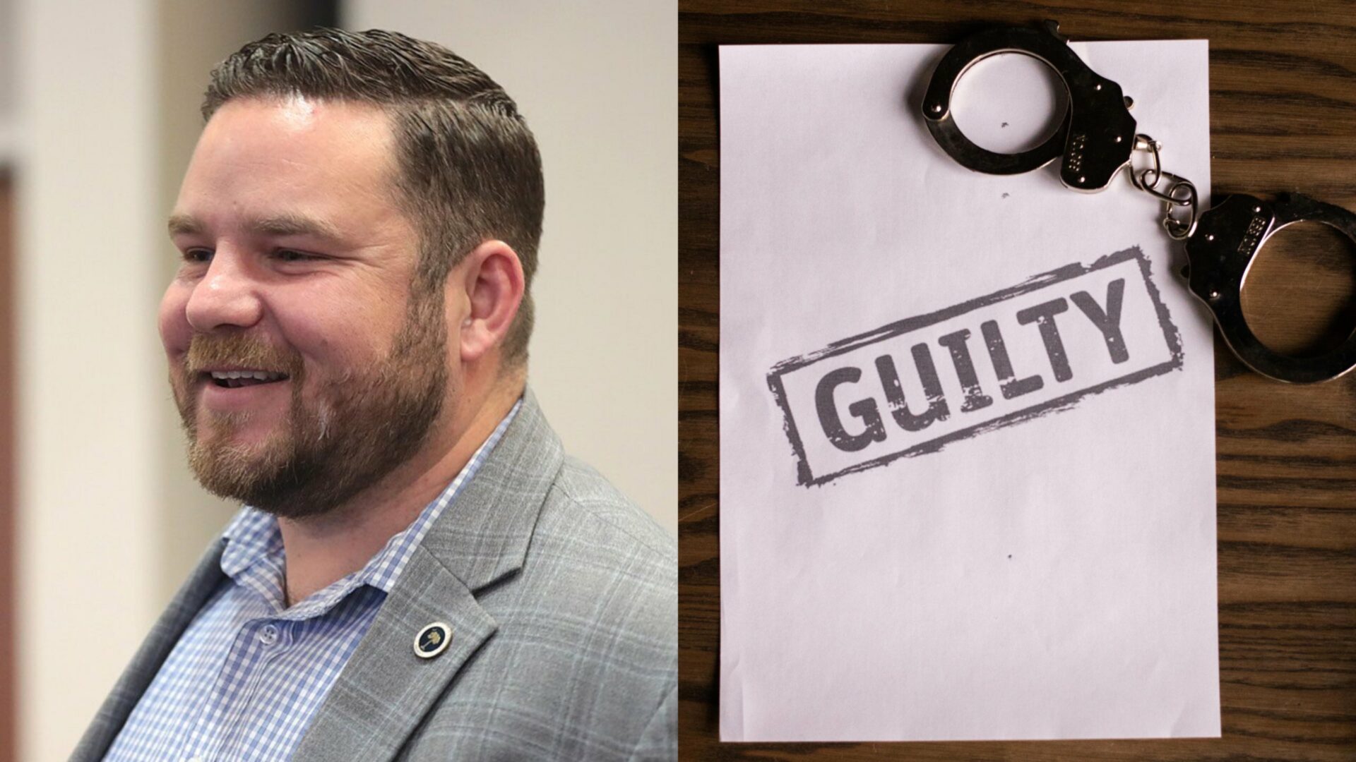 RJ May in grey suit on the left and a guilty sign on the right