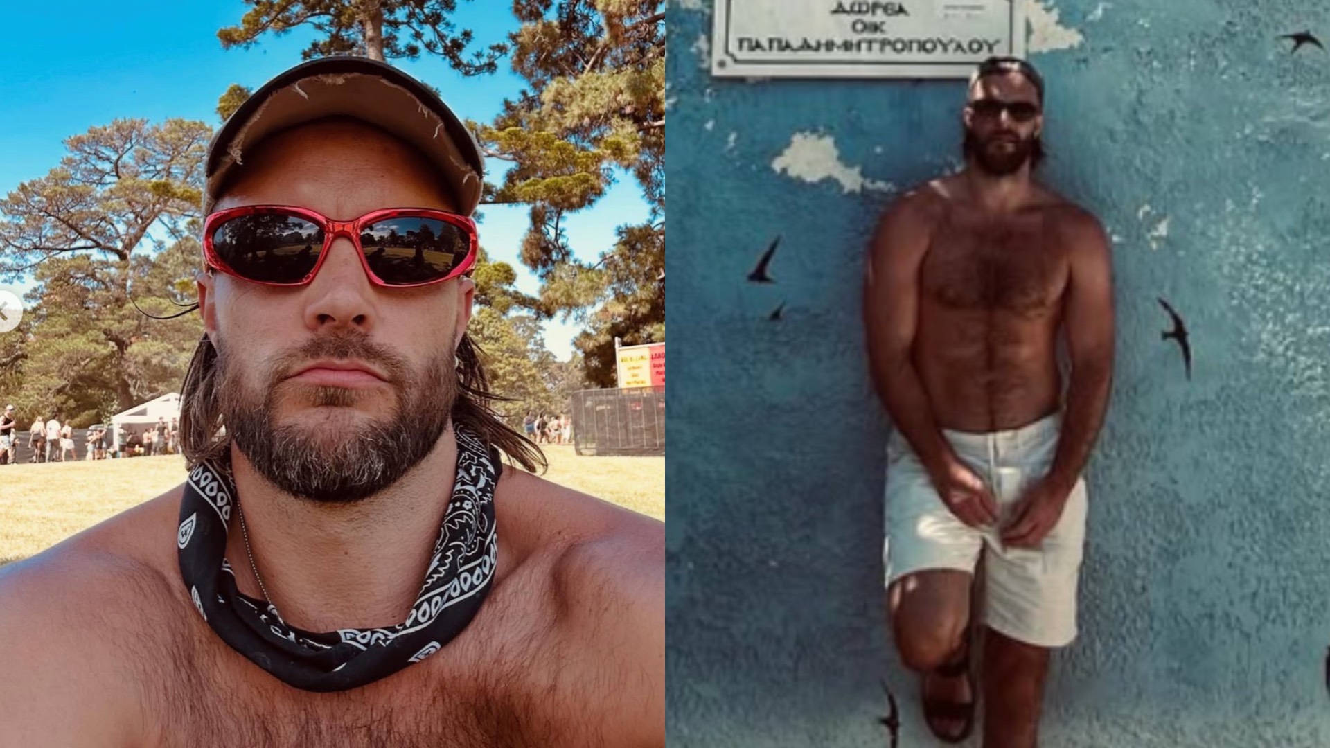 Mitch Brown wearing sunglasses and bandana around his neck on left, and on right him posing shirtless up against a wall