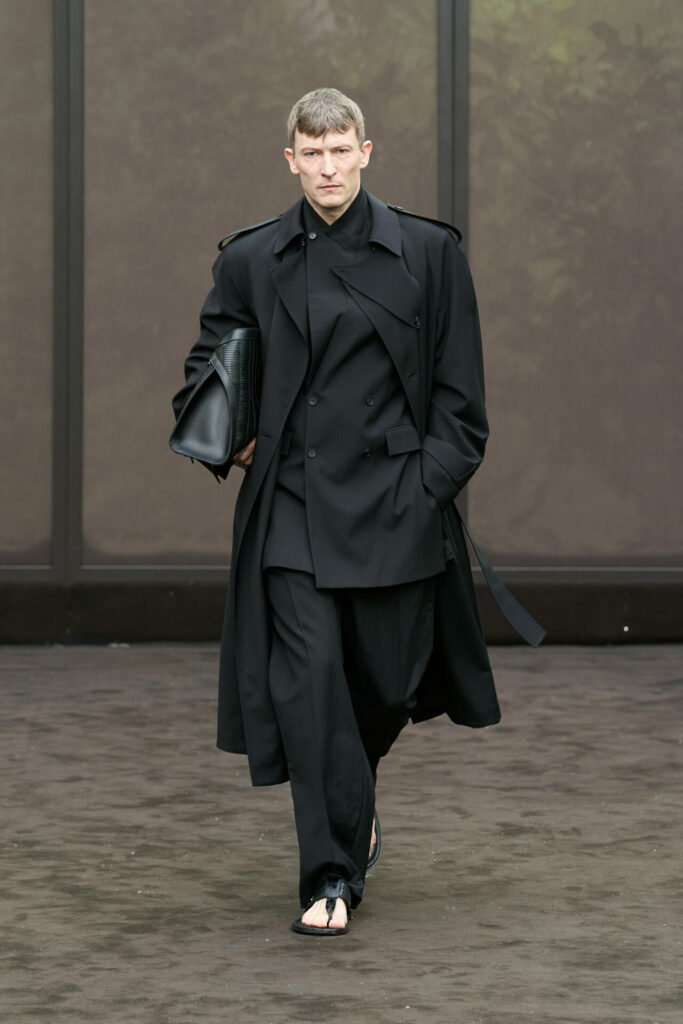 A model wears all-black tailoring at the Ferragamo Spring/Summer 2026 show at Milan Fashion Week. 
