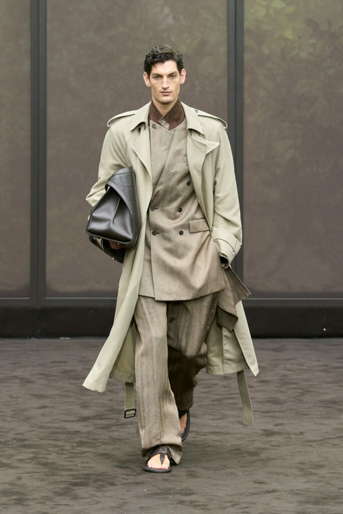 A model wears tonal tailoring at the Ferragamo Spring/Summer 2026 show at Milan Fashion Week.