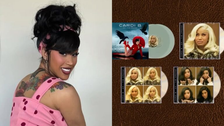 Cardi B posed, twinned with album covers