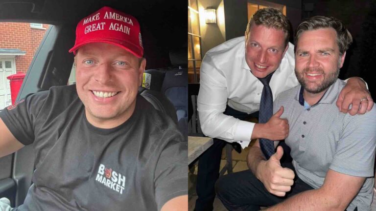 Thomas Skinner wearing a MAGA hat and with JD Vance