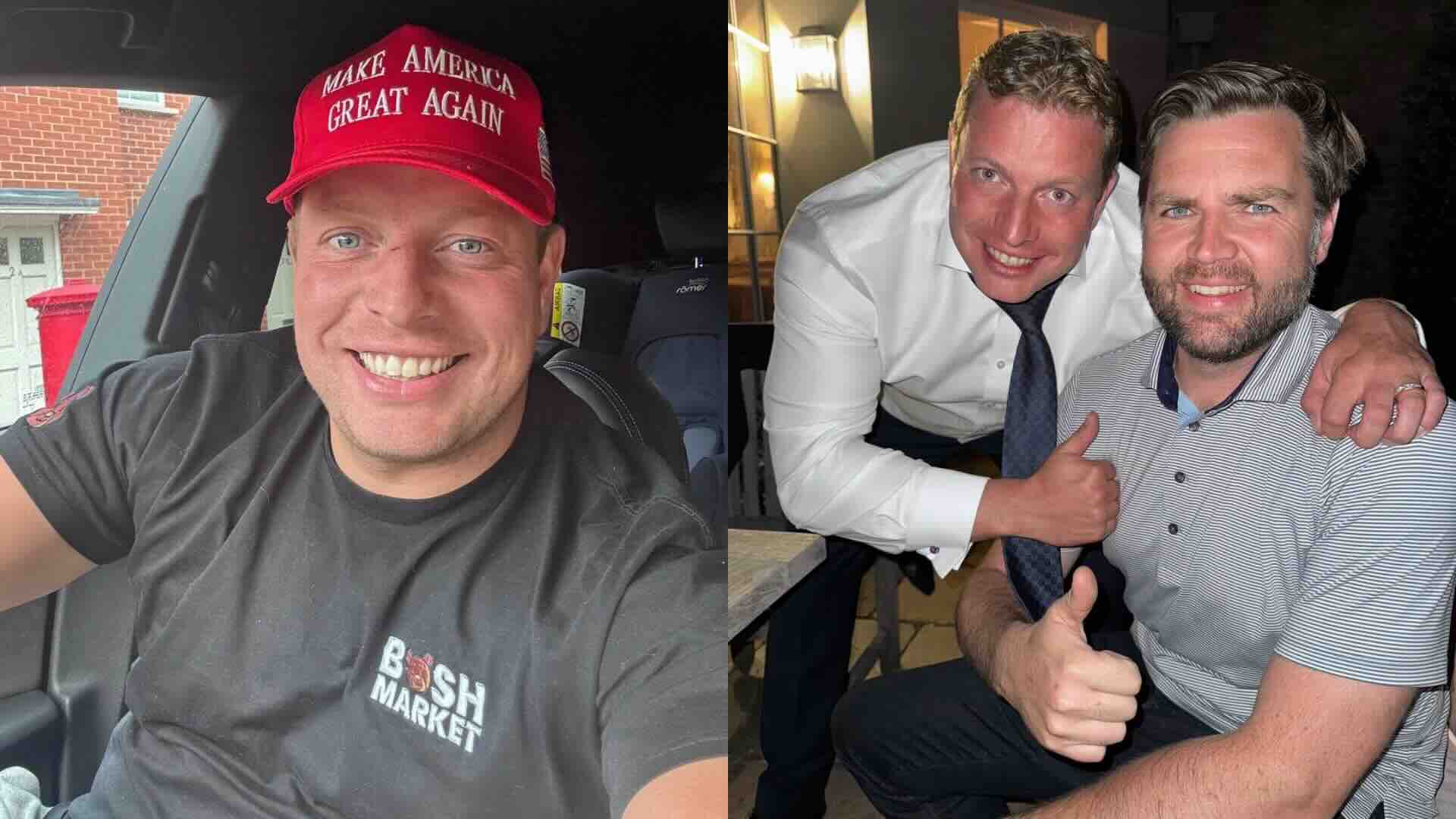 Thomas Skinner wearing a MAGA hat and with JD Vance