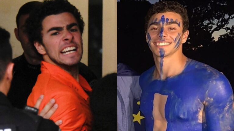 Luigi Mangione outside court and with blue body paint