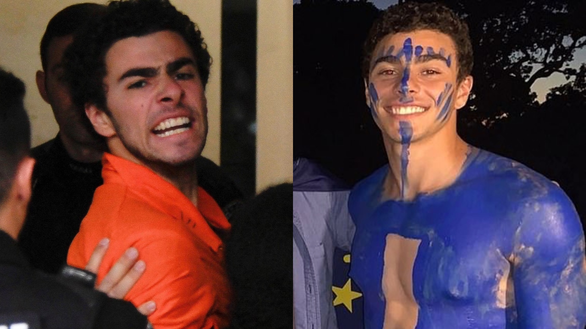 Luigi Mangione outside court and with blue body paint