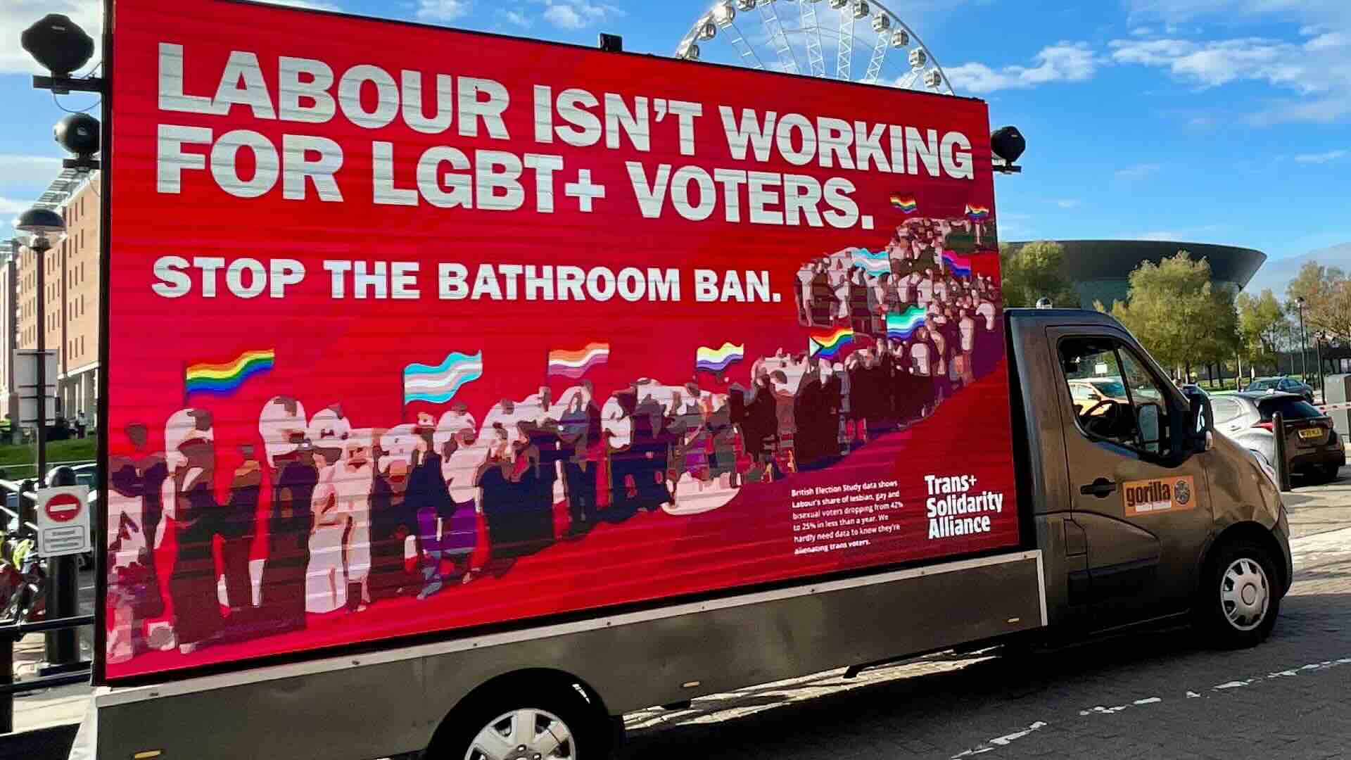 The Trans+ Solidarity Alliance bus at the Liverpool Labour Party conference