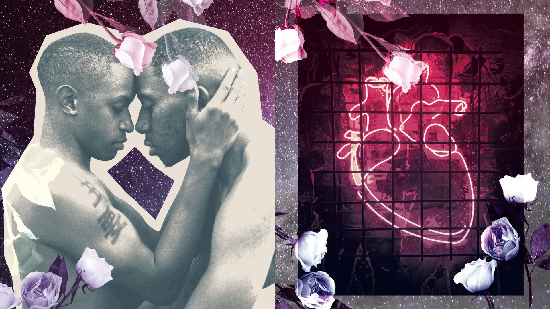 a collage, two men embracing, and a neon heart on the right, pinks and purples