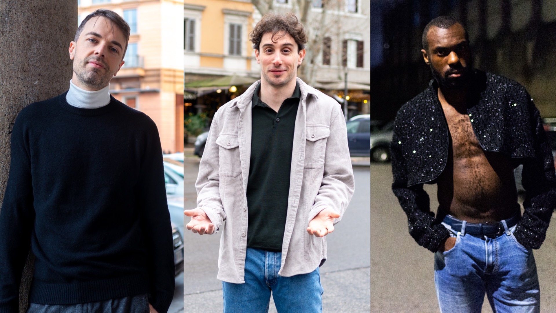 a composite of portrait-shaped photos of Lorenzo D, Leonardo F and Matteo B in the new issue of Elska, all standing not he street in black tops (Image: Elska)