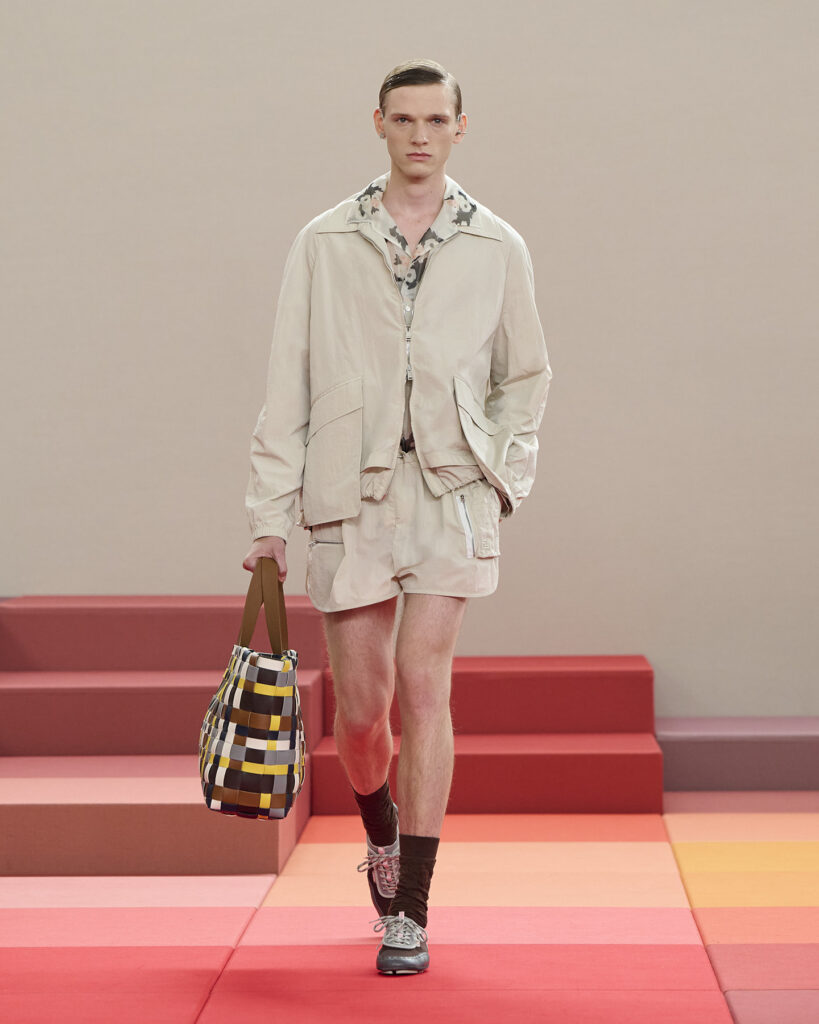 A model wears shorts and matching jacket at the Fendi Spring/Summer 2026 show at Milan Fashion Week.